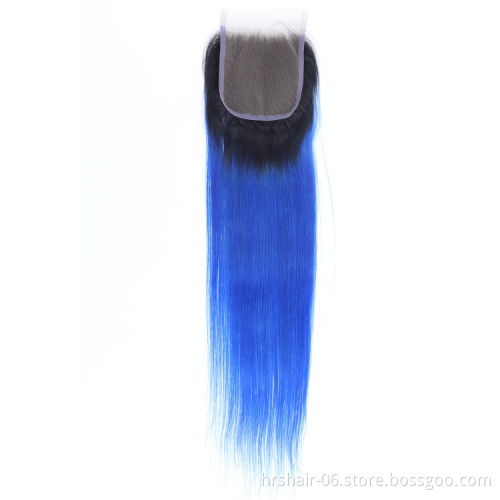 Brazilian Remy Human Hair Extensions Weaves 1B/Blue Ombre Color Straight Brazilian Virgin Human Hair Bundles With Closure